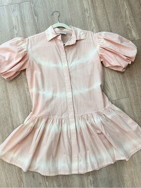 Pink Tie-Dye Puff Sleeve Button-Front Peplum Dress